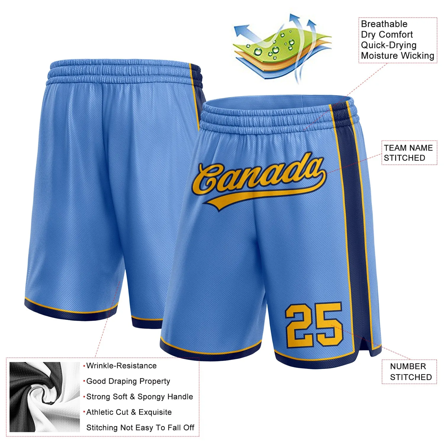 Custom Light Blue Gold-Navy Authentic Basketball Shorts
